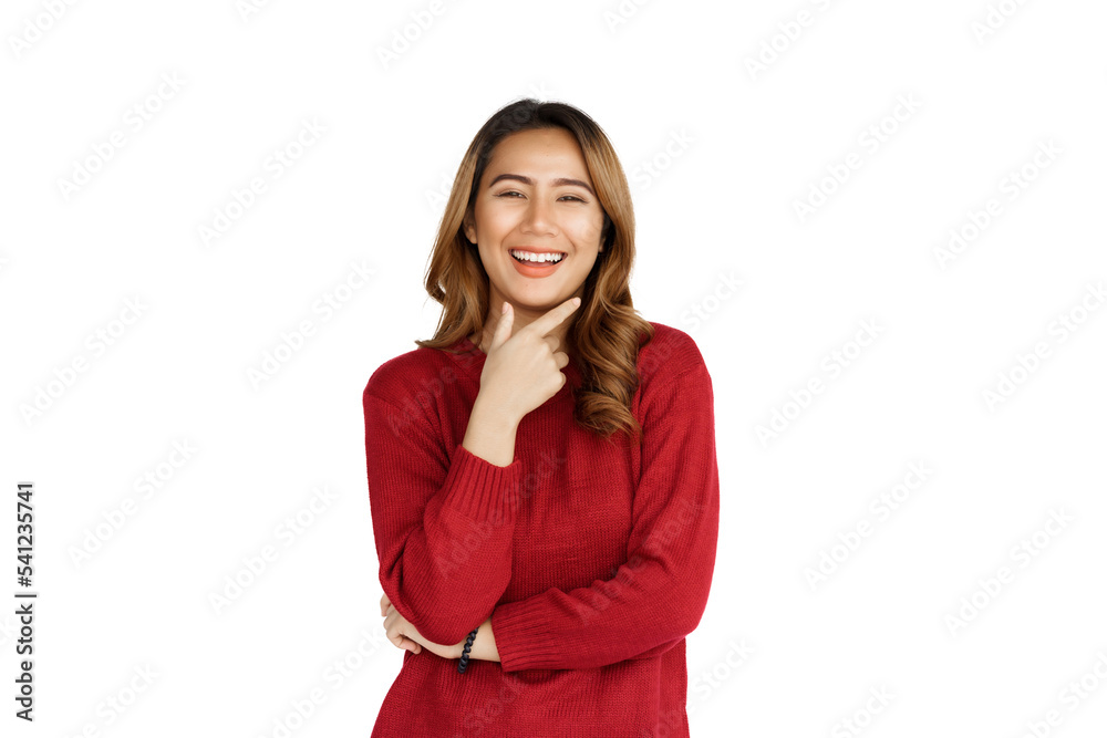 Excited confident asian happy woman in winter sweater red color isolated on white background. Look at camera Excited confident asian happy woman in winter sweater red color isolated on white background. Look at camera