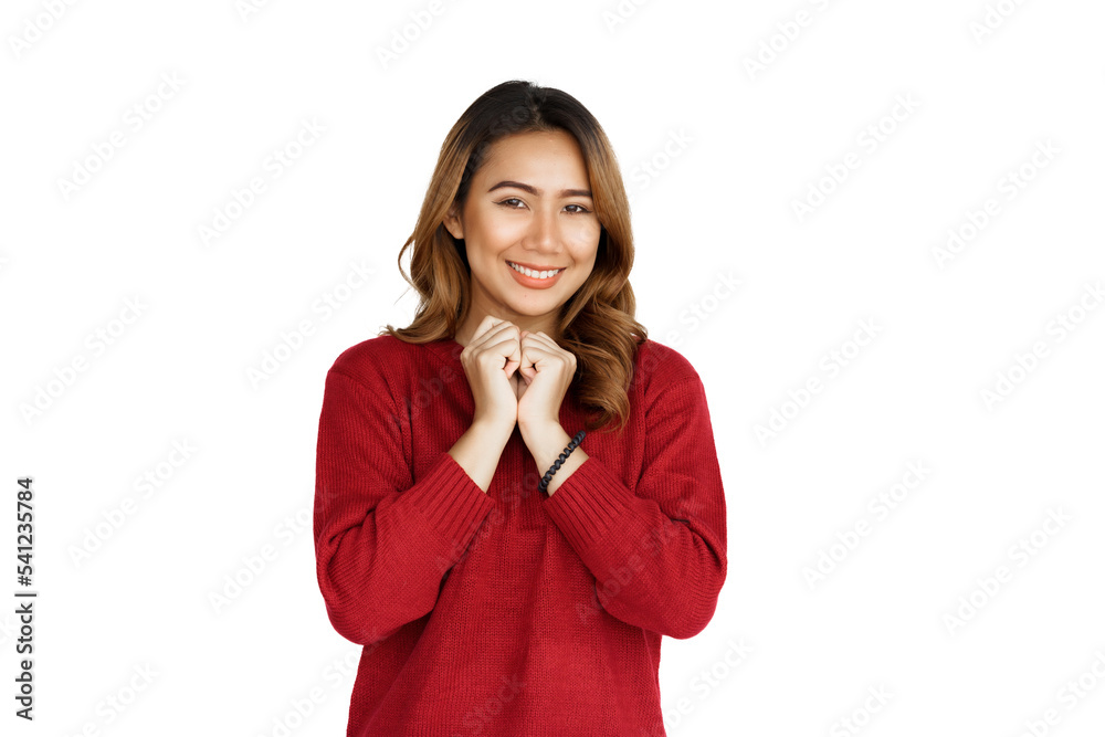 Excited confident asian happy woman in winter sweater red color isolated on white background. Look at camera Excited confident asian happy woman in winter sweater red color isolated on white background. Look at camera