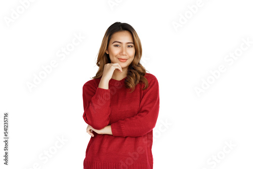 Excited confident asian happy woman in winter sweater red color isolated on white background.