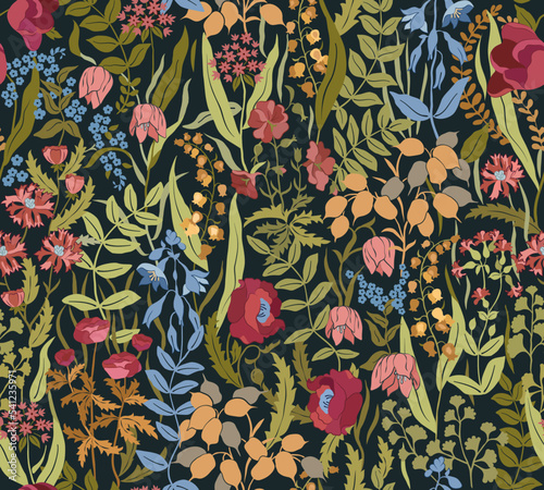 Wildflowers on black background seamless pattern. Vector illustration.