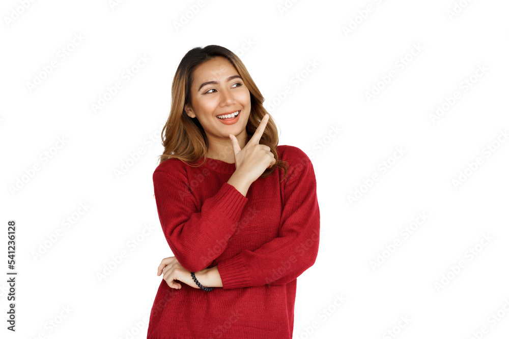 Excited confident asian happy woman in winter sweater red color isolated on white background. Excited confident asian happy woman in winter sweater red color isolated on white background.