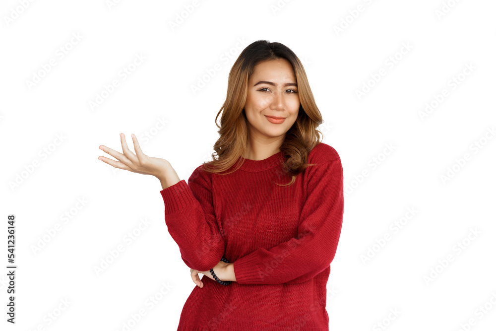 Excited confident asian happy woman in winter sweater red color isolated on white background. Excited confident asian happy woman in winter sweater red color isolated on white background.
