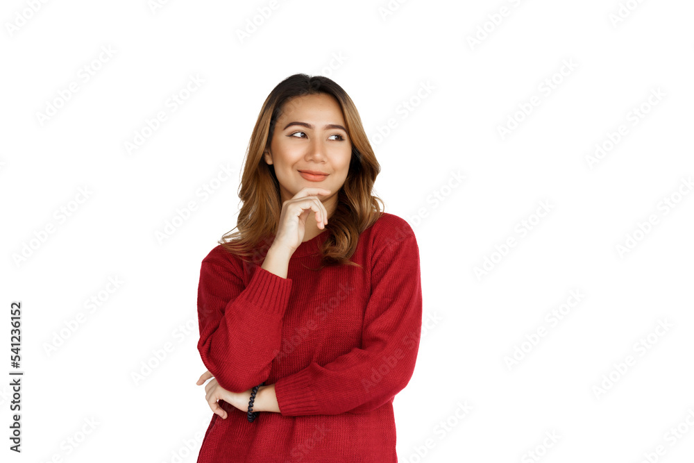 Excited confident asian happy woman in winter sweater red color isolated on white background. Excited confident asian happy woman in winter sweater red color isolated on white background.
