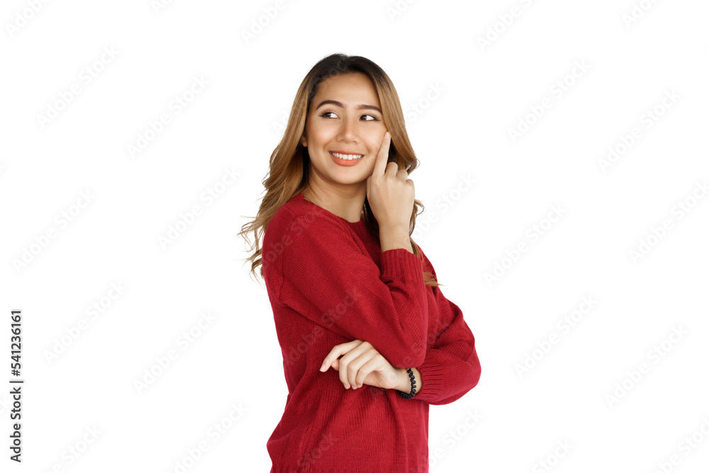 Excited confident asian happy woman in winter sweater red color isolated on white background. Excited confident asian happy woman in winter sweater red color isolated on white background.