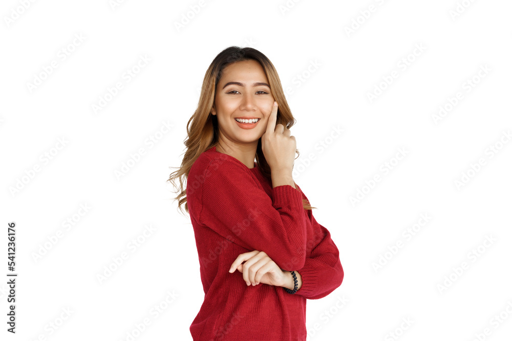Excited confident asian happy woman in winter sweater red color isolated on white background. Excited confident asian happy woman in winter sweater red color isolated on white background.
