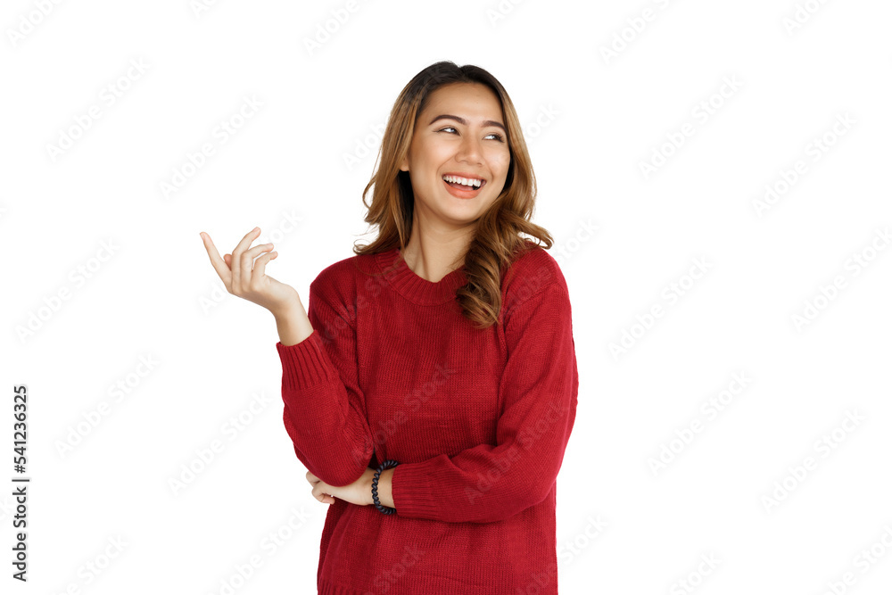 Excited confident asian happy woman in winter sweater red color isolated on white background. Excited confident asian happy woman in winter sweater red color isolated on white background.