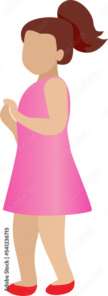Kid character. Girl in pink dress standing side view. Child at school, education concept.