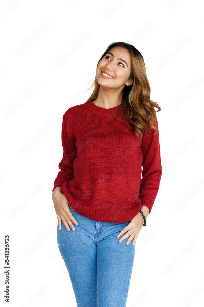 Fototapeta premium Excited confident asian happy woman in winter sweater red color isolated on white background.
