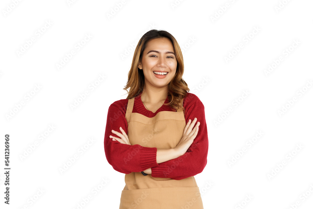 Coffee shop SME owner excited brunette asian woman wearing sweater and apron isolated on white background, Looking camera Coffee shop SME owner excited brunette asian woman wearing sweater and apron isolated on white background, Looking camera
