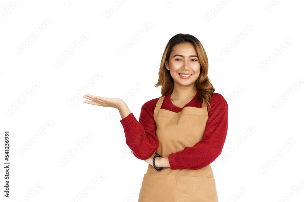 Coffee shop SME owner excited brunette asian woman wearing sweater and apron isolated on white background Coffee shop SME owner excited brunette asian woman wearing sweater and apron isolated on white background