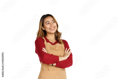 Coffee shop SME owner excited brunette asian woman wearing sweater and apron isolated on white background © makibestphoto