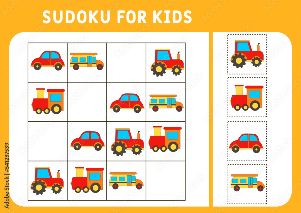 transport theme. Sudoku for kids. Education development worksheet. Activity page with pictures. A puzzle game for children. Set transport. Isolated vector illustrations. Logic training