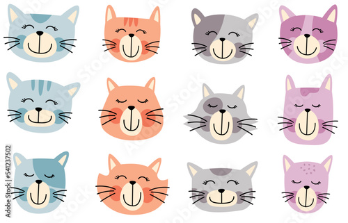 Cat heads emoticon vector. Collection of cats illustration.