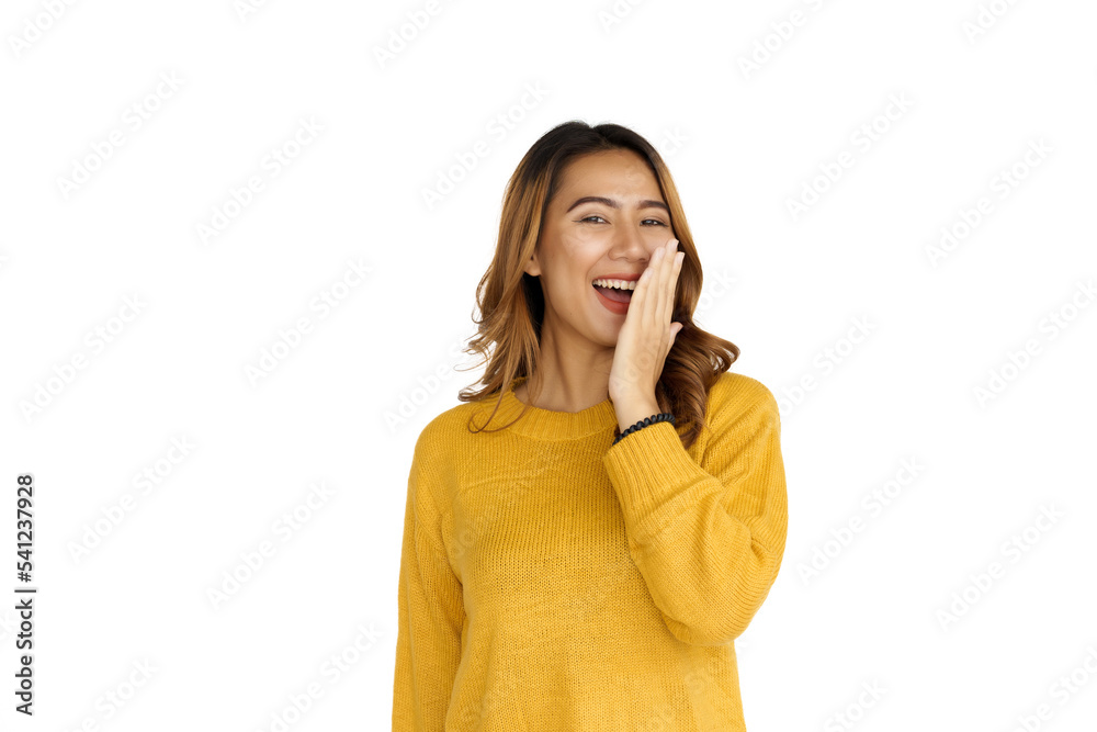 Attractive positive young asian brunette woman in yellow sweater on white background. wow or surprised Attractive positive young asian brunette woman in yellow sweater on white background. wow or surprised