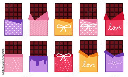 Chocolate bar vector illustration. Set of chocolate bars in colorful wrappers.