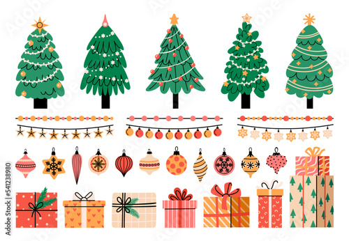 Christmas tree decoration kit. Cartoon flat xmas new year symbols wreath gift boxes garlands, merry winter holiday celebration collection. Vector set