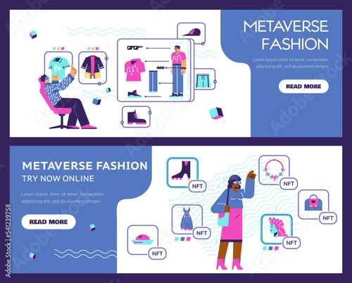 Metaverse fashion banners set, flat vector illustration.