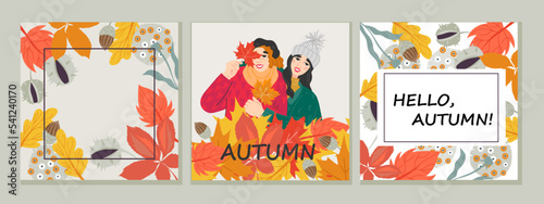Autumn seasonal banners or cards bundle for advertisement and publication in social network or print materials, flat vector illustration. Autumn fall season banners set.