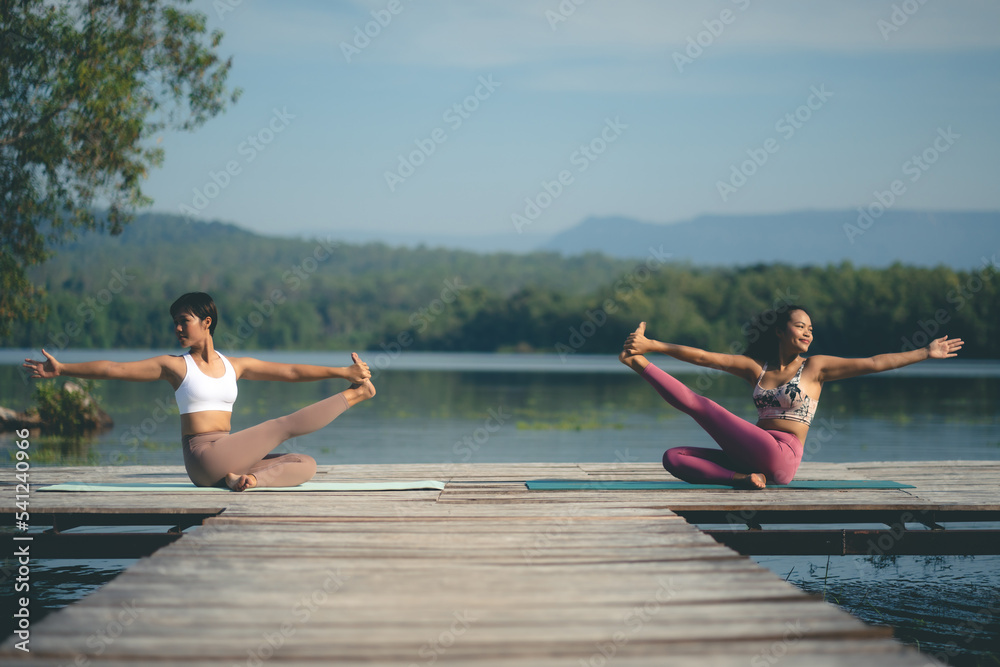 beautiful female healthy lifestyle, young sport girl woman person exercise with outdoor yoga of morn nature summer sunrise or sunset, fitness to peace relax meditation of body balance training pose