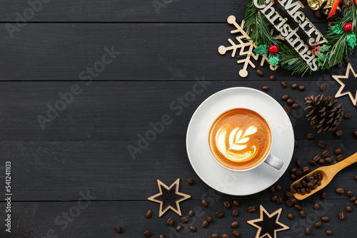 Christmas background with coffee cup, festive decorations, Christmas poster, greeting, coffee banner, Pictures for decorating a coffee shop on Christmas day photo