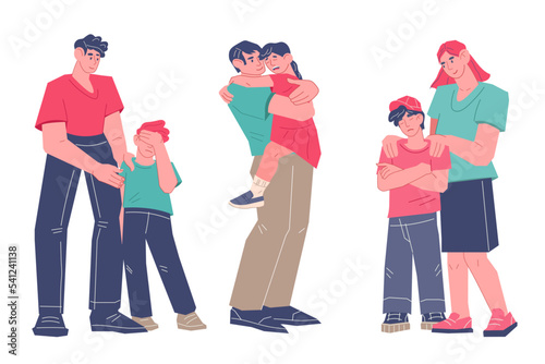 Parents support and comfort their children in difficult situations and crisis. Psychological problems in relationships between children and parents, flat vector illustration isolated on white.