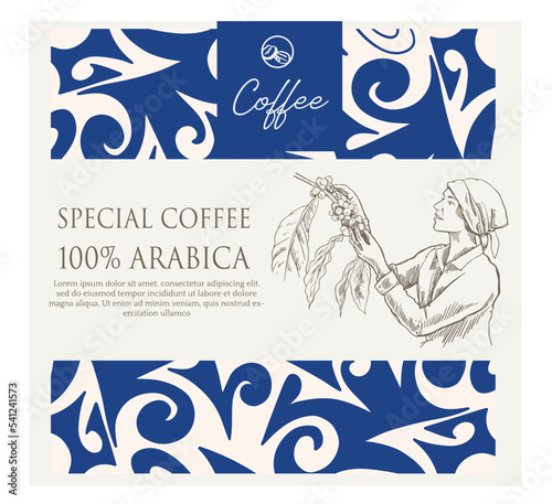 coffee packaging label of ink drawing on paper for promotion design. coffee promotion banner of coffee bean picker image in vintage style.