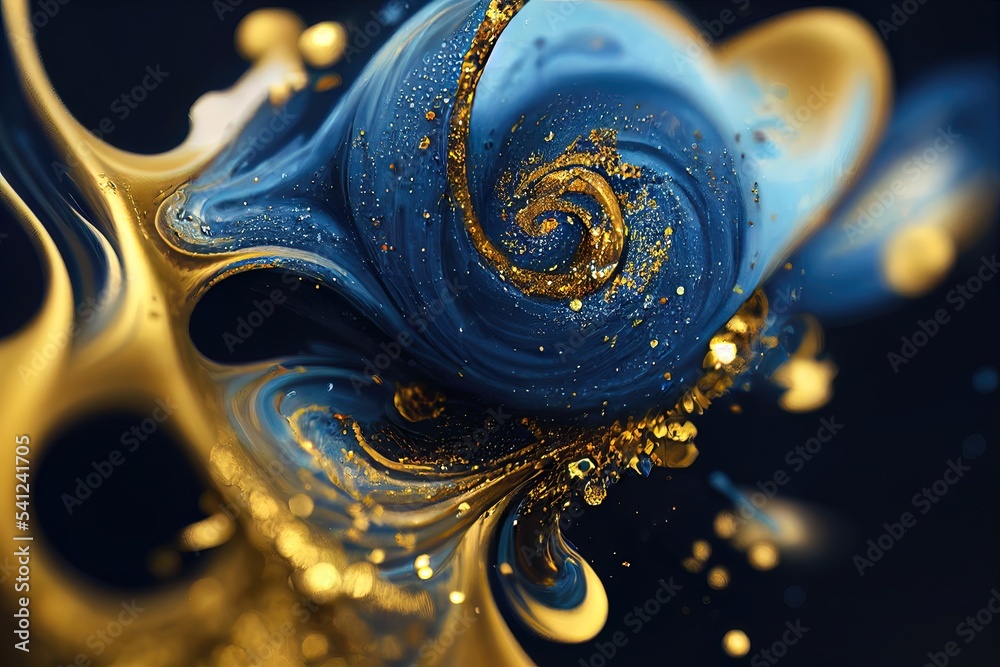 Luxurious golden fluid art with blue. Gold and blue waves, smooth lines ...