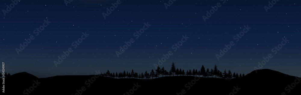 Night panoramic landscape illustration with stars, mountain and trees. Background image