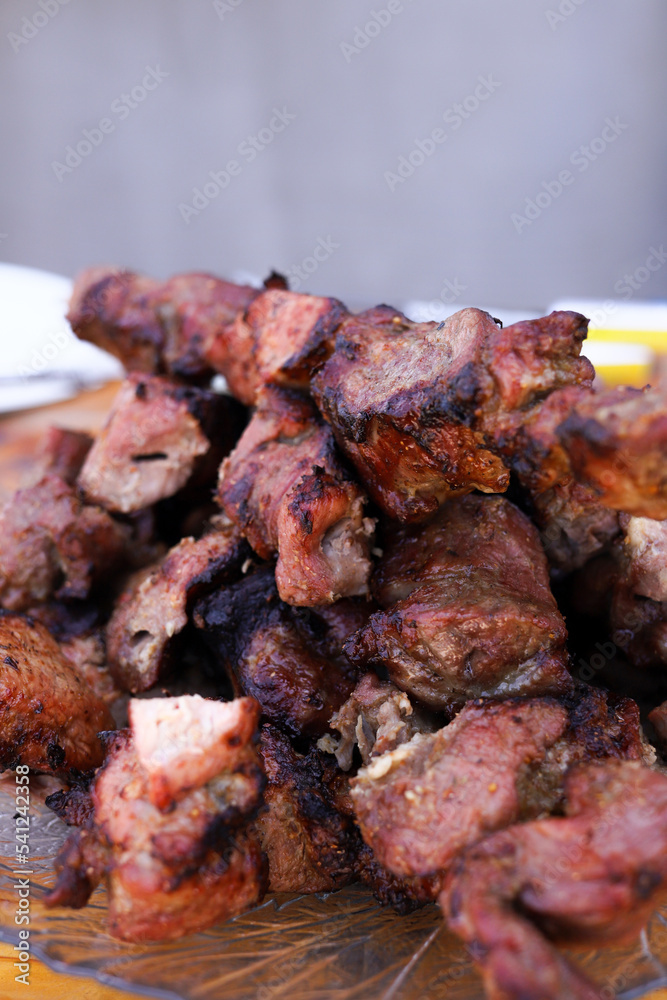 Shish kebab BBQ fresh fried meat closeup. Vertical Orientation
