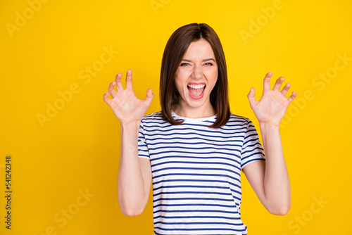 Fotografija Photo portrait of funky young lady fooling show fingers claws growl tiger wear s