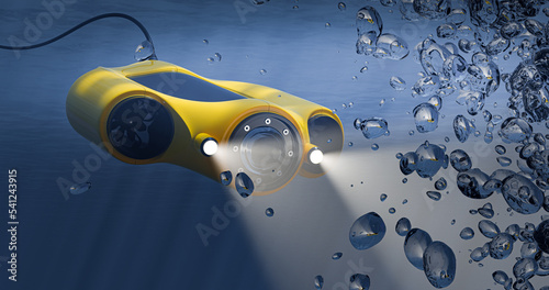 Underwater drone in action - the concept of a diving device with cameras and lighting for filming the underwater world - 3d render photo