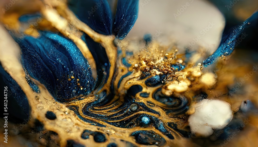 Luxurious golden fluid art with blue. Gold and blue waves, smooth lines ...