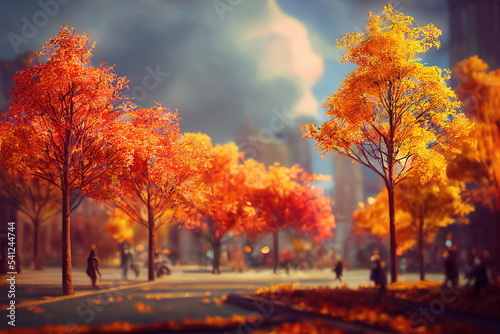 Stadtpark im Herbst im Sonnenschein, Illustration, AI
