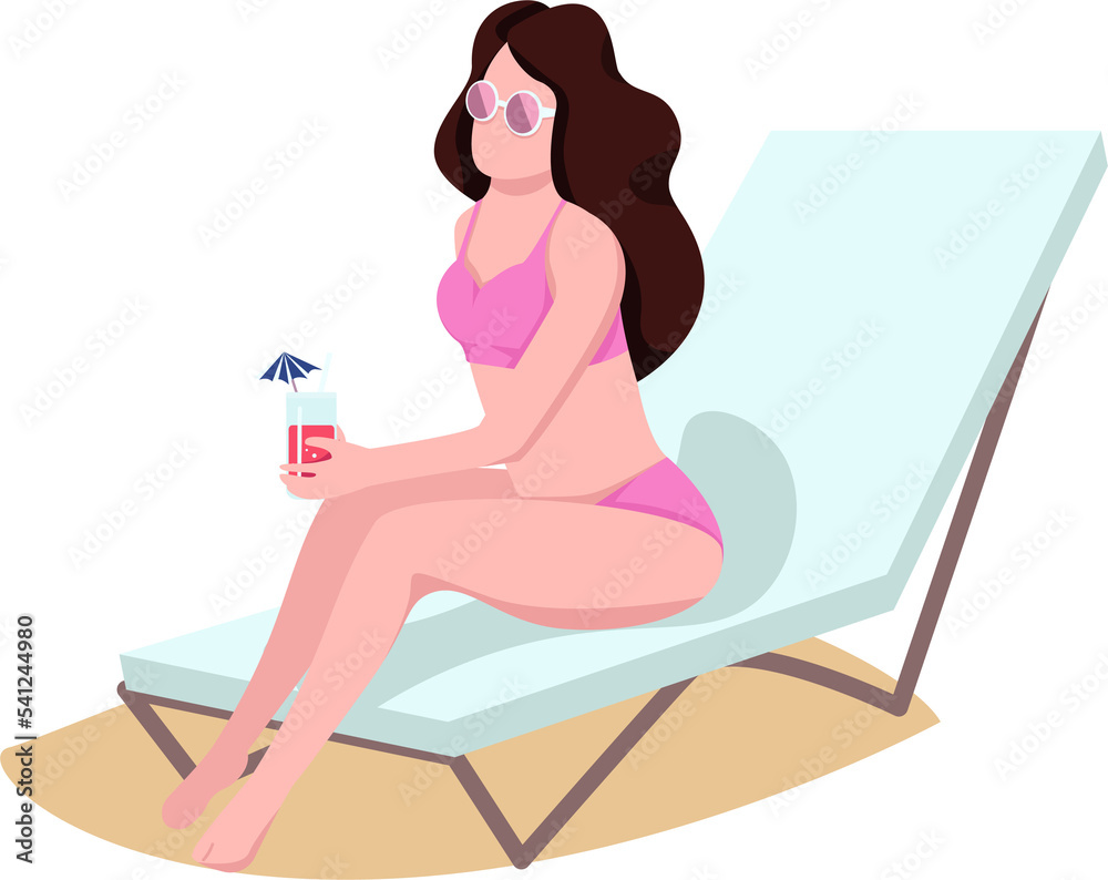 Woman on beach longue semi flat color raster character. Sitting figure. Full body person on white. Beach relaxation simple cartoon style illustration for web graphic design and animation Woman on beach longue semi flat color raster character. Sitting figure. Full body person on white. Beach relaxation simple cartoon style illustration for web graphic design and animation