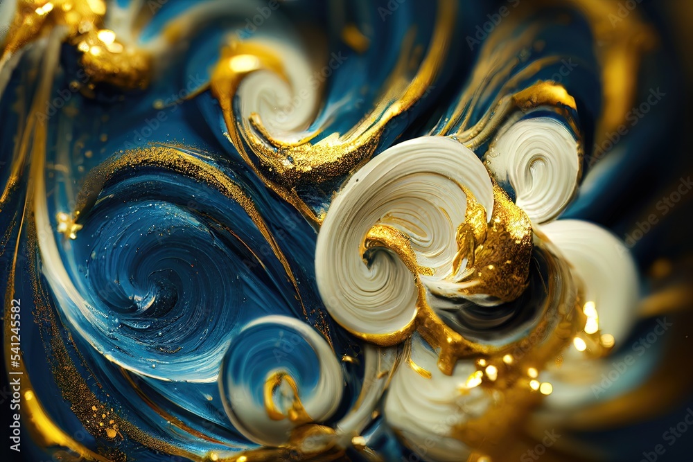 Luxurious golden fluid art with blue. Gold and blue waves, smooth lines ...
