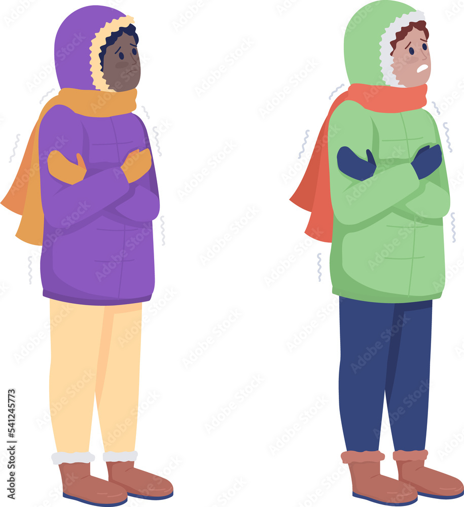Kids shaking from cold semi flat color raster character set. Standing figure. Full body people on white. Freeze isolated modern cartoon style illustration for graphic design and animation collection Kids shaking from cold semi flat color raster character set. Standing figure. Full body people on white. Freeze isolated modern cartoon style illustration for graphic design and animation collection
