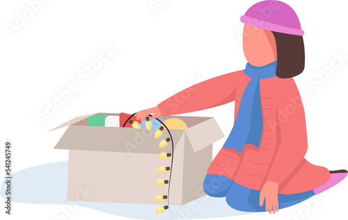 Girl opens christmas decorations semi flat color raster character. Sitting figure. Full body person on white. Winter activity simple cartoon style illustration for web graphic design and animation