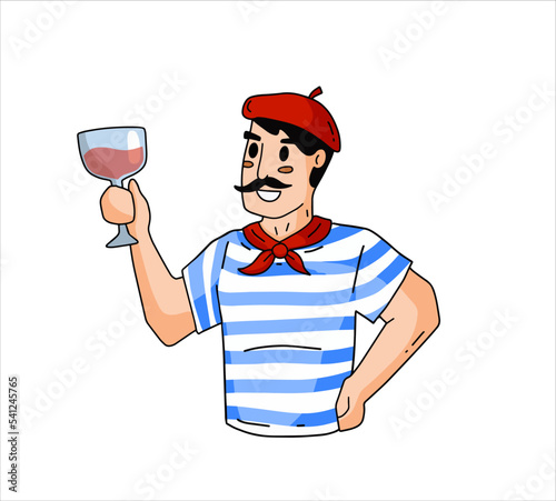 French man with mustache, glass of red wine and beret. Funny drawing of Frenchman. Typical European character. Cartoon illustration isolated on white