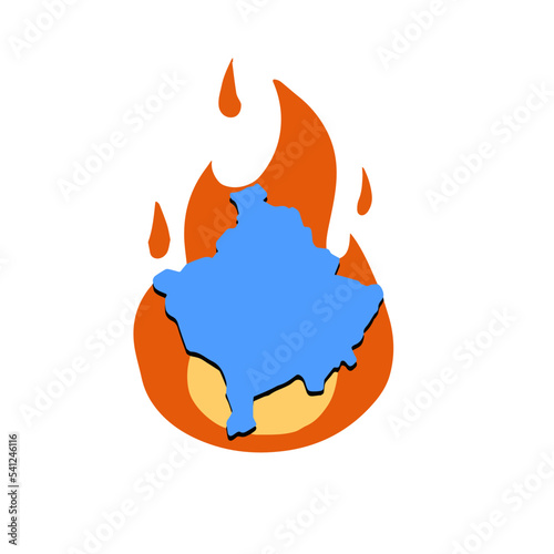 Kosovo on fire. Military conflict and political problem concept. Blue Map of State