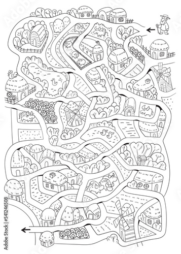 Kids maze puzzle. Help to get to the goal along the tangled roads in the village. Cartoon characters. Funny vector illustration. Isolated on white background. Black and white. Coloring book