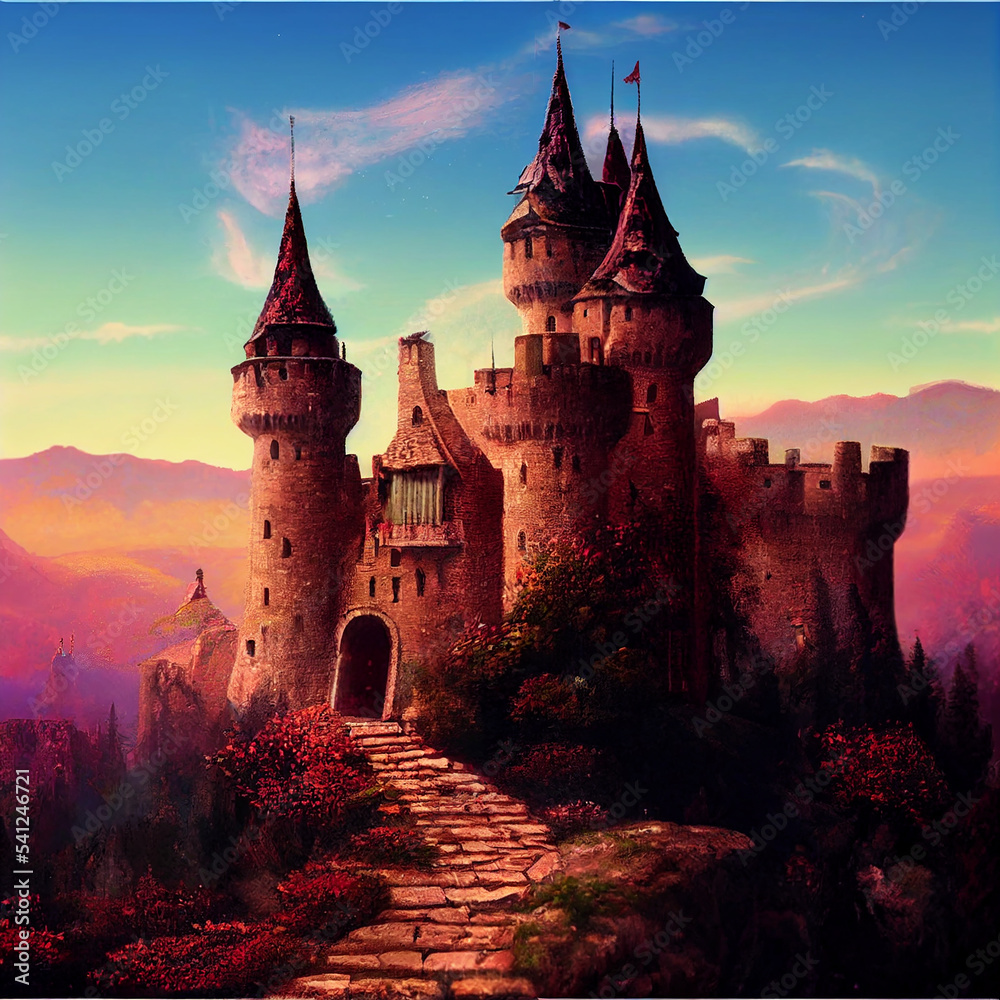Fairy medieval castles on mountains background