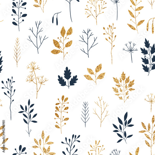 Gold floral pattern background. Vector glitter textured seamless pattern with fir branches, leaf, berries. Perfect for winter and autumn holidays. Golden Merry Christmas and New year florals