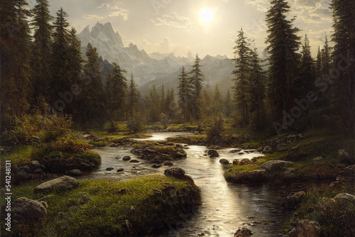 River in the mountains digital painting  illustration