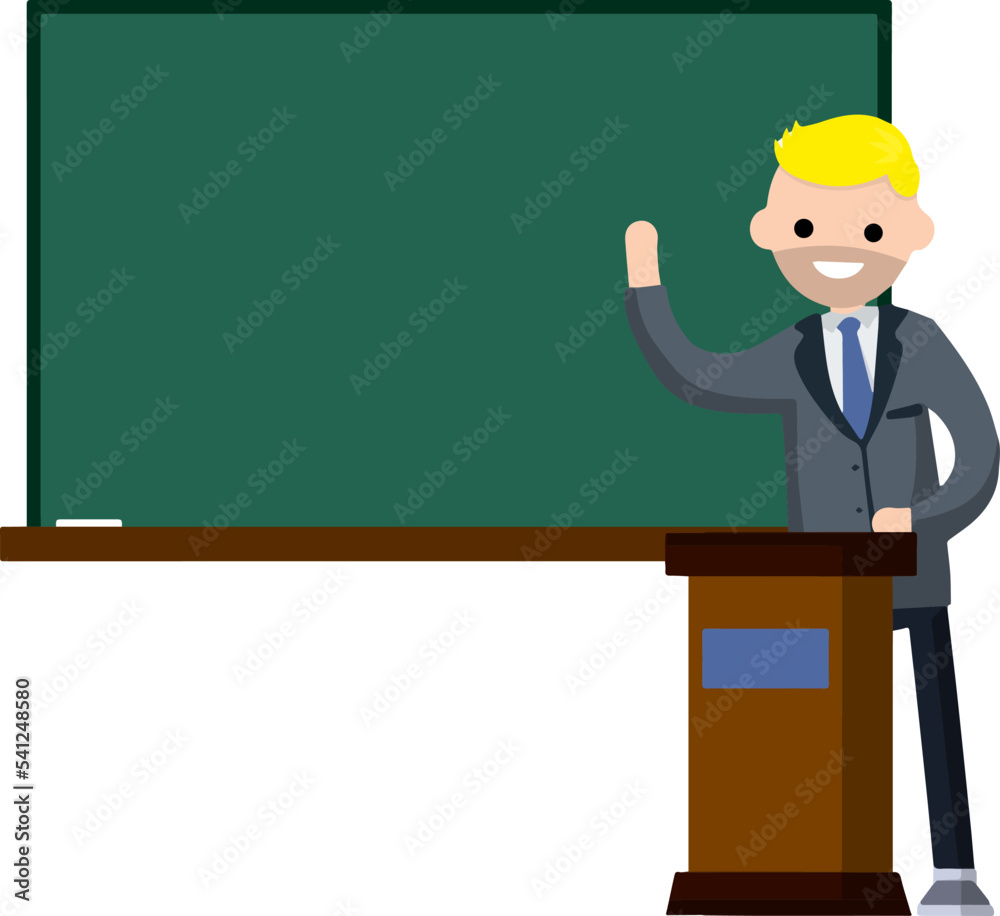 School teacher stands near blackboard. Lecturer in College in classroom. Clean chalkboard for chalk text. man in suit. Cartoon flat illustration. Podium for speech. Profession at University School teacher stands near blackboard. Lecturer in College in classroom. Clean chalkboard for chalk text. man in suit. Cartoon flat illustration. Podium for speech. Profession at University