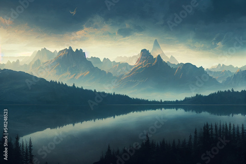 sunrise over the mountains, lake, illustration © Ozis