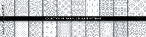 Geometric floral set of seamless patterns. White and gray vector backgrounds. Simple illustrations