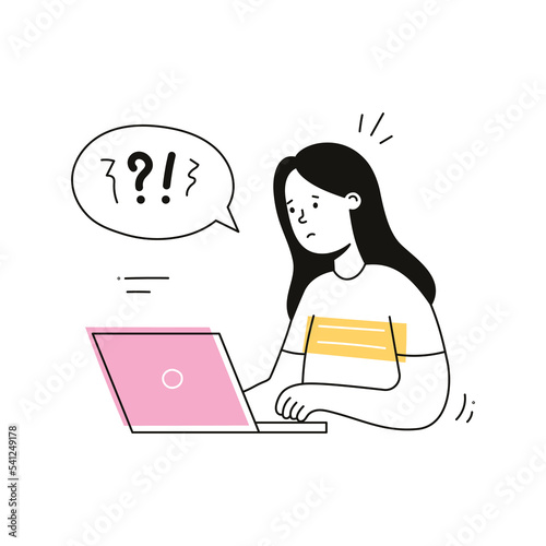 Worry woman, work question illustration. Doodle outline character woman work question, confused. Female person with laptop, office think, solution concept. Isolated vector illustration