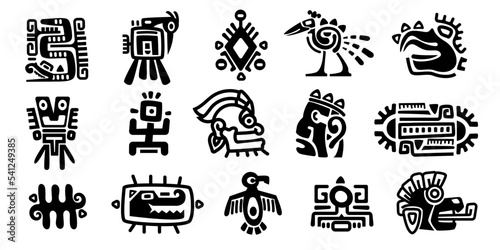 Mayan symbols. Ancient civilization religious totem characters, monochrome icons of mexican indian aztec inca indigenous. Vector isolated set photo