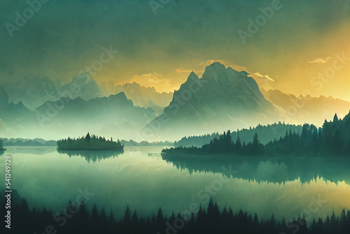 sunrise in the mountains, lake, digital art, illustration