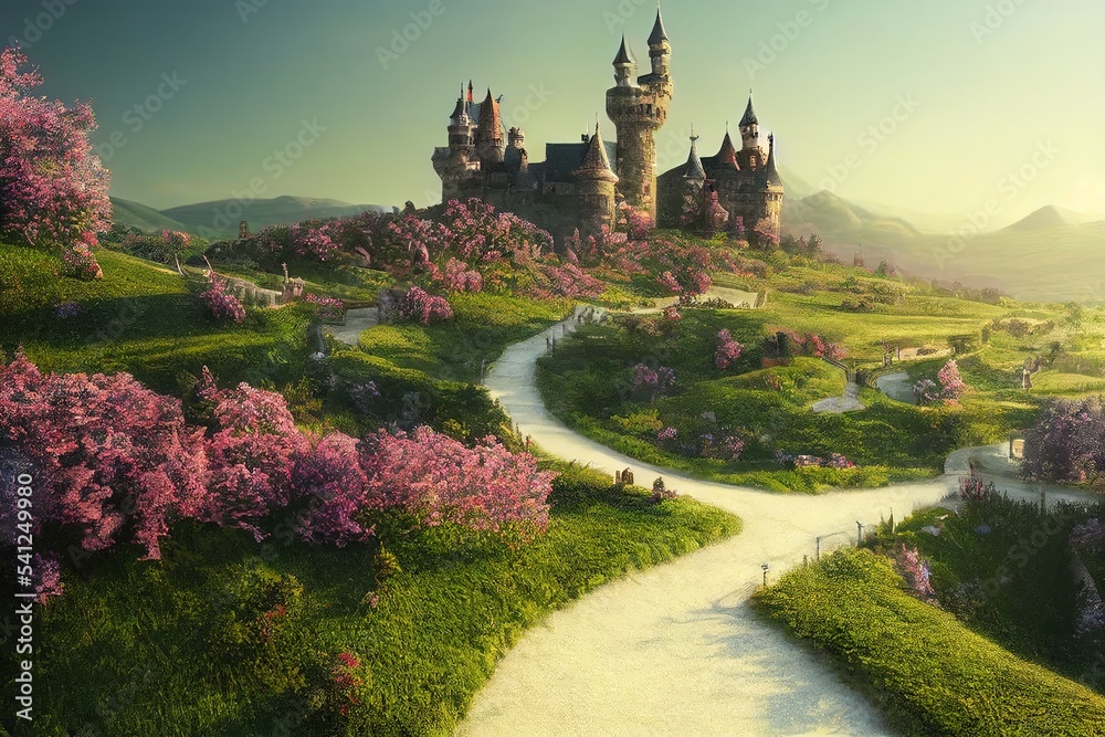 Obraz premium White road to the castle on the hill, green lawns with small blooming flowers under a clear sky 3d illustration